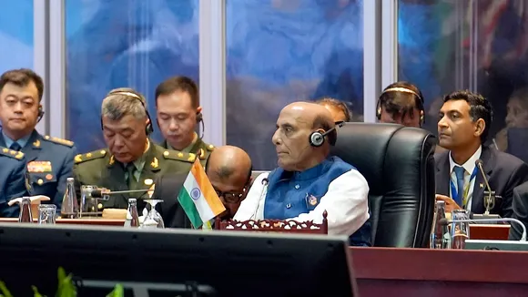 Union Defence Minister Rajnath Singh with other leaders during the 11th ASEAN Defence Ministers� Meeting-Plus, in Vientiane, Laos