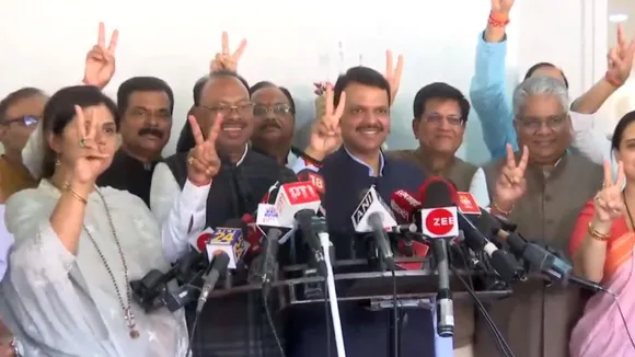 Maharashtra Deputy CM Devendra Fadnavis, Union Ministers Piyush Goyal and Bhupendra Yadav and other BJP leaders show victory sign as Mahayuti is set to form the government in Maharashtra.