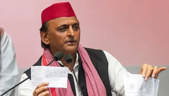 Samajwadi Party (SP) President Akhilesh Yadav addresses a press conference at the party headquarters, in Lucknow, Sunday, Nov. 24, 2024
