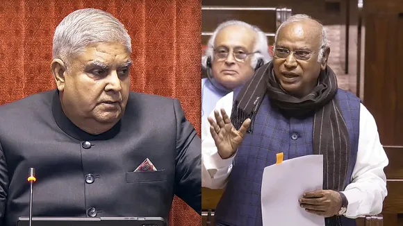 Rajya Sabha Chairman Jagdeep Dhankhar conducts proceedings as Leader of Opposition Mallikarjun Kharge speaks in the House during the first day of the Winter session of Parliament, in New Delhi, Monday, Nov. 25, 2024.
