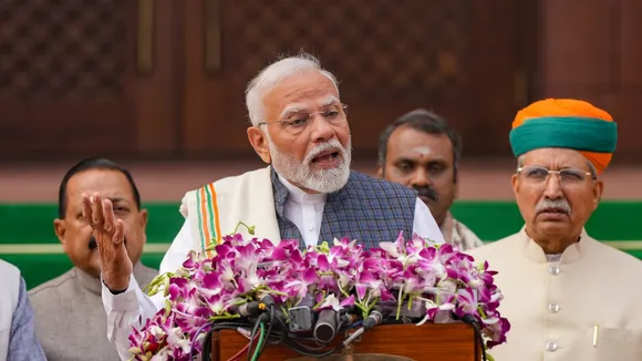 Prime Minister Narendra Modi addresses the media on the first day of the Winter session of Parliament, in New Delhi, Monday, Nov. 25, 2024.