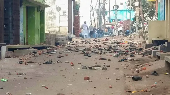 Brick bats from a road after violence erupted during the second survey of the Jama Masjid, claimed to be originally the site of an ancient Hindu temple, in Sambhal, Sunday, Nov. 24, 2024.
