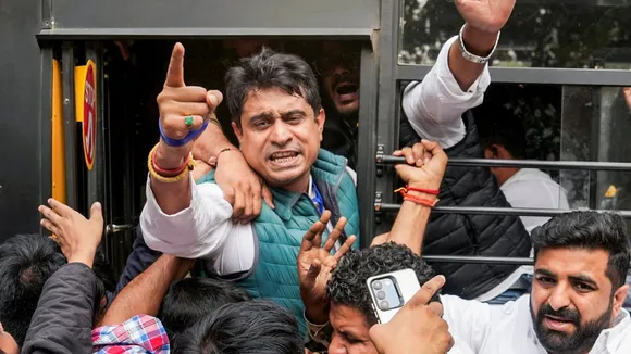 Indian Youth Congress President Uday Bhanu Chib after he was detained by police during the 'Naukri Bachao, Adani Nahi' protest, in New Delhi, Monday, Nov. 25, 2024.