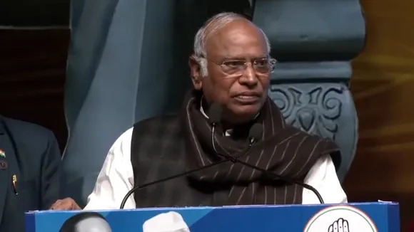 Congress president Mallikarjun Kharge speaking at the 'Samvidhan Rakshak Abhiyaan' function at Talkatora stadium