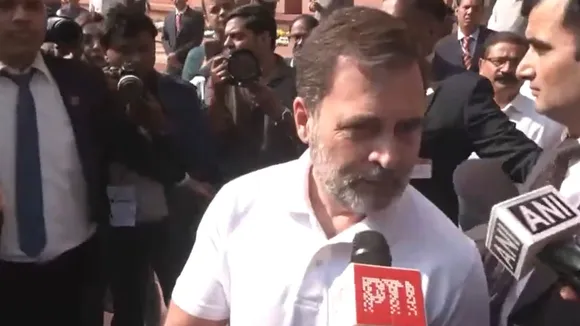 Congress leader Rahul Gandhi speaking to reporters outside Parliament