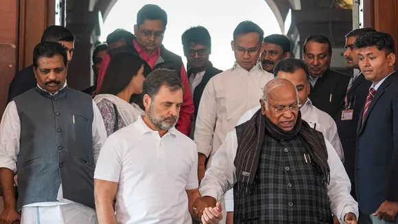 Leader of Opposition in Lok Sabha Rahul Gandhi, Leader of Opposition in Rajya Sabha Mallikarjun Kharge and other leaders arrive for the ongoing Winter session of Parliament, in New Delhi, Wednesday, Nov. 27, 2024