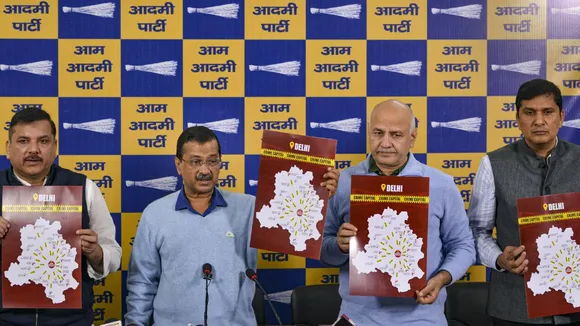 AAP supremo Arvind Kejriwal with party leaders Manish Sisodia, Sanjay Singh and Saurabh Bharadwaj addressing a press conference