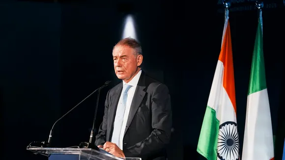 Italian Minister of Business and Made in Italy Adolfo Urso addresses a gathering at the 'Villaggio Italia' exposition, being held to coincide with the port of call of Italian Navy ship 'Amerigo Vespucci' as part of its world tour, in Mumbai, Saturday, Nov. 30, 2024.