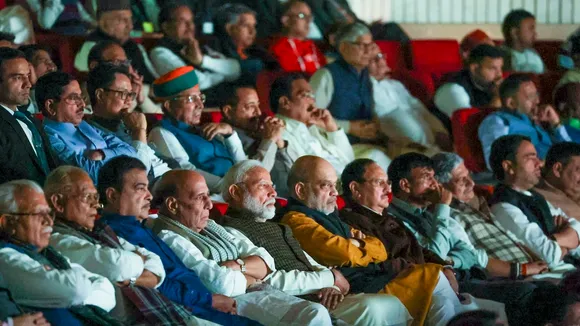 Prime Minister Narendra Modi with Union Ministers Rajnath Singh, Amit Shah, Nitin Gadkari, JP Nadda, and others during the screening of the film The Sabarmati Report, at the Parliament auditorium in New Delhi on Monday, Dec. 2, 2024. 