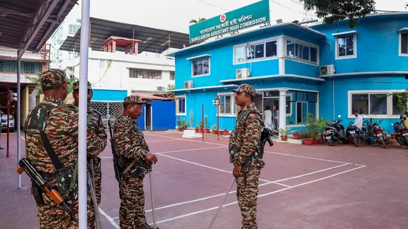 Security personnel keep vigil amid heightened security at the Bangladesh Assistant High Commission after protests erupted in Tripura over alleged attacks on Hindus in Bangladesh, in Agartala, Monday, Dec. 2, 2024.