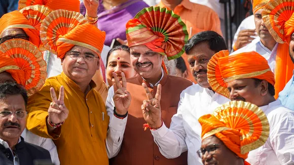 Devendra Fadnavis with elected BJP MLAs after the BJP legislature meeting, at Vidhan Bhavan, in Mumbai, Wednesday, Dec. 4, 2024.