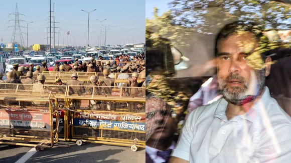 Police and security personnel stand guard at a barricaded road at the Delhi-Uttar Pradesh border ahead of Leader of Opposition in the Lok Sabha Rahul Gandhi's visit Sambhal, in Ghaziabad, Wednesday, Dec. 4, 2024.
