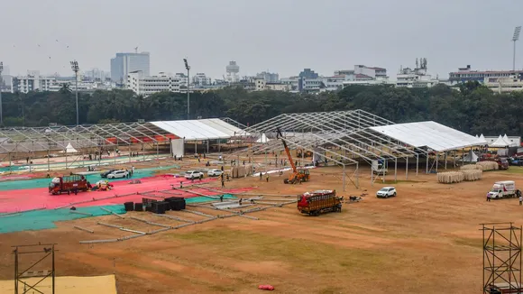 Preparations underway for the swearing-in ceremony of the new Maharashtra government, at Azad Maidan, in Mumbai