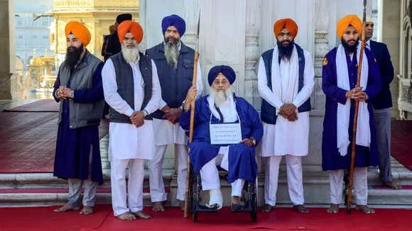 Shiromani Akali Dal leader Sukhbir Singh Badal at the Golden Temple to serve the 'tankhah' (religious punishment) given to him by the Akal Takht, in Amritsar