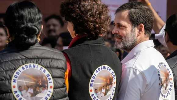 Leader of Opposition in the Lok Sabha Rahul Gandhi with Congress MP Priyanka Gandhi at a protest of opposition MPs during the Winter session of Parliament, in New Delhi, Thursday, Dec. 5, 2024.