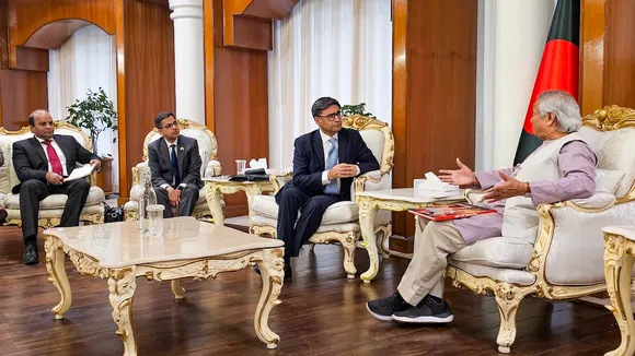Foreign Secretary Vikram Misri with Chief Adviser of Bangladesh Muhammad Yunus during a meeting in Dhaka, Bangladesh on Monday, Dec. 9, 2024.