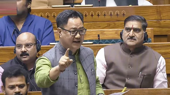 Union Minister Kiren Rijiju speaks in the Lok Sabha during the Winter session of Parliament, in New Delhi, Tuesday, Dec. 10, 2024.