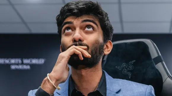D Gukesh reacts after beating title-holder Ding Liren in the 14th and last game of the FIDE World Chess Championship 2024 in Singapore on Thursday, Dec. 12, 2024.