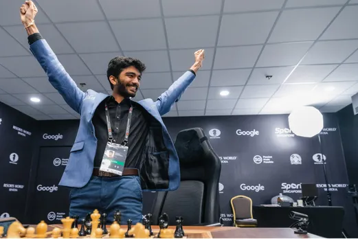 D Gukesh reacts after beating title-holder Ding Liren in the 14th and last game of the FIDE World Chess Championship 2024 in Singapore on Thursday, Dec. 12, 2024