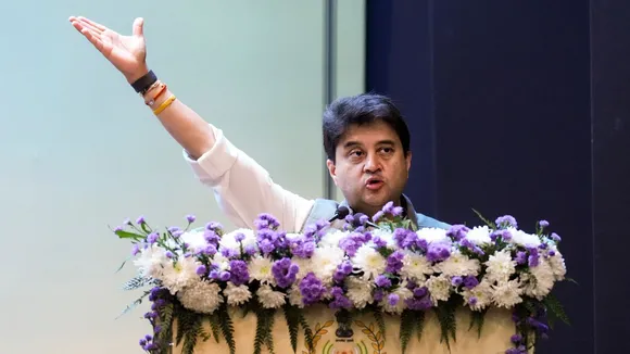 Union Minister of Communications Jyotiraditya M. Scindia speaks during the 50th foundation day function of Indian Post & Telecommunications Accounts and Finance Services, in New Delhi, Saturday, Dec. 14, 2024.