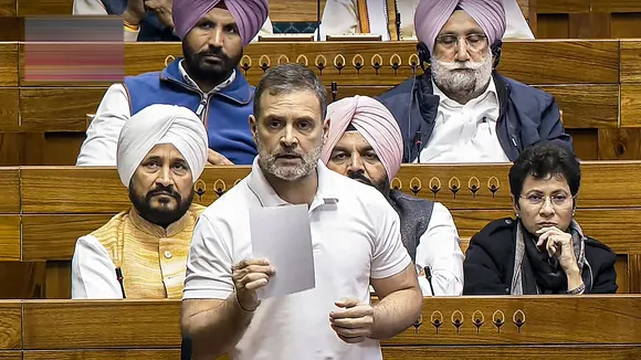 Leader of Opposition in the Lok Sabha Rahul Gandhi speaks in the House during the Winter session of Parliament, in New Delhi, Saturday, Dec. 14, 2024.