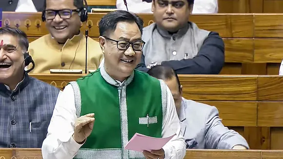 Union Minister for Parliamentary Affairs and Minority Affairs Kiren Rijiju speaks in the Lok Sabha during the Winter session of Parliament, in New Delhi, Saturday, Dec. 14, 2024.