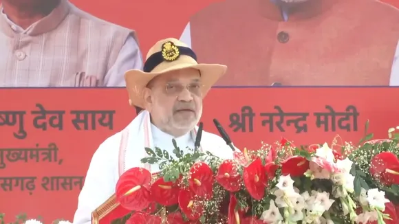 Amit Shah addresses the gathering in Bastar district, Chhattisgarh on Sunday, Dec. 15, 2024.