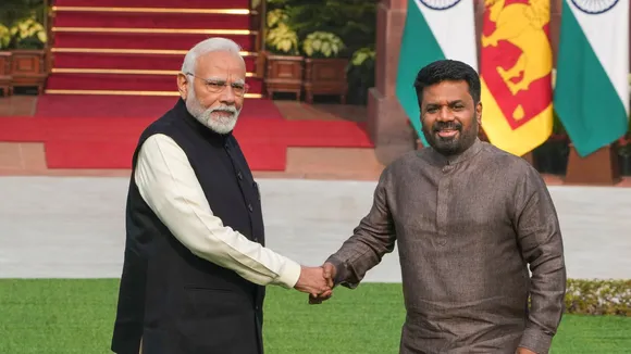 Prime Minister Narendra Modi with Sri Lankan President Anura Kumara Dissanayake during a joint press meet at the Hyderabad House, in New Delhi, Monday, Dec. 16, 2024.