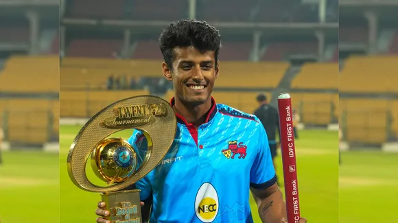 Mumbai's Suryansh Shedge after winning the T20 cricket final match of the Syed Mushtaq Ali Trophy (SMAT) against Madhya Pradesh, at the M Chinnaswamy Stadium, in Bengaluru, Sunday, Dec. 15, 2024.