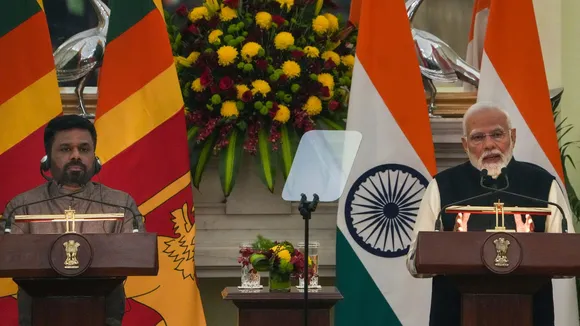 Prime Minister Narendra Modi with Sri Lankan President Anura Kumara Dissanayake during a joint press meet at the Hyderabad House, in New Delhi, Monday, Dec. 16, 2024.