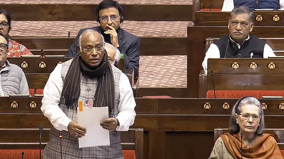 LoP in the Rajya Sabha Mallikarjun Kharge speaks in the House during the Winter session of Parliament in New Delhi on Monday, Dec. 16, 2024.