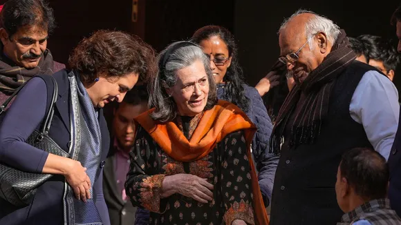 Congress MPs Sonia Gandhi, Mallikarjun Kharge and Priyanka Gandhi Vadra during the Winter session of Parliament, in New Delhi, Friday, Dec. 13, 2024.