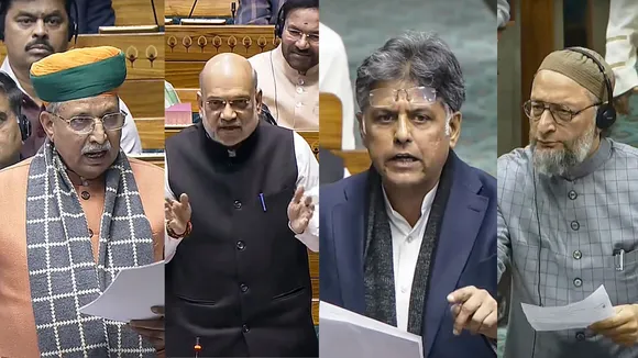 (L-R) Arjun Ram Meghwal, Amit Shah, Manish Tewari and Asaduddin Owaisi