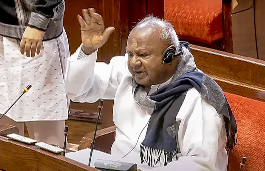 JD(S) MP HD Devegowda speaks in the Rajya Sabha during the Winter session of Parliament, in New Delhi