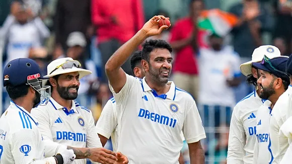 In this Sunday, Sept. 22, 2024 file image, India's Ravichandran Ashwin celebrates with teammates at M. A. Chidambaram Stadium, in Chennai.