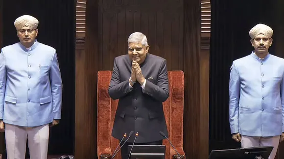 Rajya Sabha Chairman Jagdeep Dhankhar arrives to conduct proceedings in the House during the Winter session of Parliament, in New Delhi, Friday, Dec. 20, 2024.