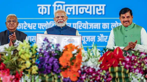 Prime Minister Narendra Modi with Madhya Pradesh Governor Mangubhai C. Patel and Chief Minister Mohan Yadav during the foundation stone laying ceremony of Ken-Betwa River Linking Project in Khajuraho on Wednesday, Dec. 25, 2024.
