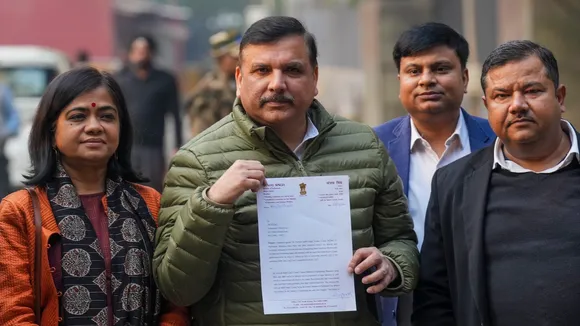 Sanjay Singh outside the Enforcement Directorate office where he arrived to file a complaint against BJP leaders Parvesh Verma and Manjinder Singh Sirsa for allegedly distributing cash to voters in the New Delhi constituency from where AAP national convener Arvind Kejriwal is the sitting MLA, in New Delhi, Thursday, Dec. 26, 2024.