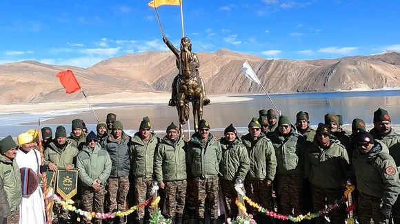 Statue of Maratha warrior Chhatrapati Shivaji on the bank of Pangong lake 