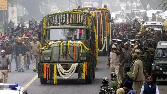 Mortal remains of former prime minister Manmohan Singh being taken to AICC headquarters in New Delhi on Saturday, Dec. 28, 2024.