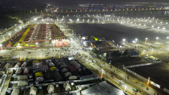 An aerial view of Sangam, the confluence of River Ganga, Yamuna and Saraswati, ahead of Mahakumbh in Prayagraj on Sunday, Dec. 29, 2024.