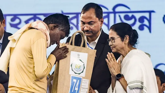 Mamata Banerjee during a public distribution programme at Sandeshkhali in North 24 Parganas district on Monday, Dec. 30, 2024.