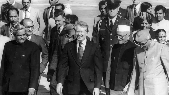 In this January 3, 1978 photo, Jimmy Carter is accompanied to his plane by the President Sanjiva Reddy, the Prime Minister Morarji Desai and the Minister of External Affairs Atal Bihari Vajpayee