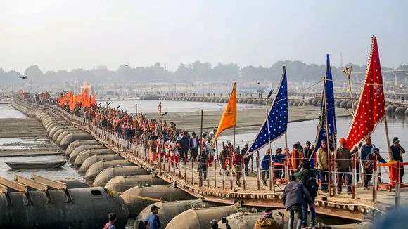 'Sadhus' of 'Shambhu Panchayti Atal Akhara' take part in the 'Peshwai' procession, which marks the arrival of 'sadhus' and other members of an 'akhara' or sect for Maha Kumbh Mela 2025 in Prayagraj on Wednesday, Jan 1, 2025.