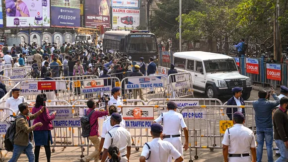 Police personnel keep vigil as Sanjay Roy, accused in the alleged rape and murder of an on-duty doctor at R G Kar Medical College and Hospital, is brought to the Sealdah court in police vehicle on the day of the verdict in Kolkata on Saturday, Jan. 18, 2025.