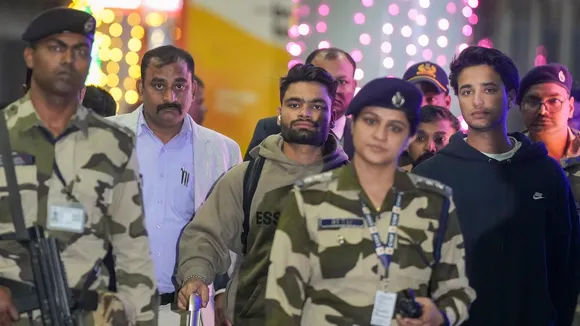 Indian cricketers Rinku Singh and Abhishek Sharma arrive at the airport ahead of the first T20I cricket match between India and England in Kolkata on Saturday, Jan. 18, 2025.
