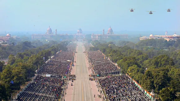 An aerial view of full dress rehearsal for the upcoming Republic Day Parade 2025 at the Kartavya Path, in New Delhi.
