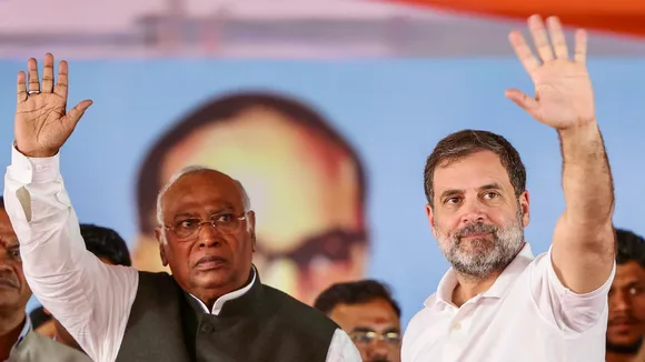 In this image provided by AICC on Monday, Jan. 27, 2025, Congress President Mallikarjun Kharge with LoP in the Lok Sabha and Congress leader Rahul Gandhi during the 'Jai Bapu, Jai Bhim, Jai Samvidhan' rally, in Mhow, Madhya Pradesh.