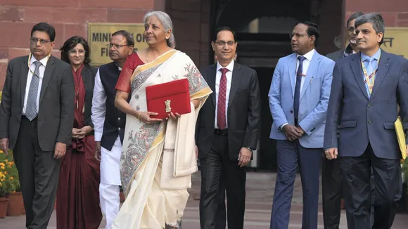 Nirmala Sitharaman outside the Finance Ministry ahead of the presentation of the Union Budget 2025-26, in New Delhi on Saturday, Feb. 1, 2025.