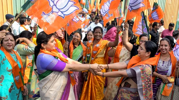 BJP workers celebrate the party's victory in the Delhi Assembly elections in Nagpur on Saturday, Feb. 8, 2025.
